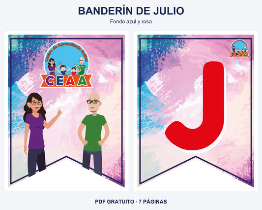Vista previa del banderín de julio, diseño fondo azul y rosa: portada y primera letra del mes.