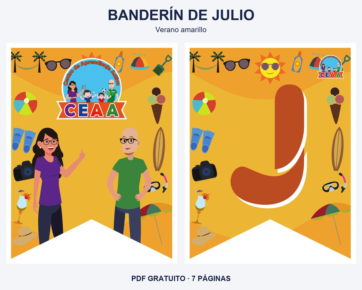 Vista previa del banderín de julio, diseño verano amarillo: portada y primera letra del mes.