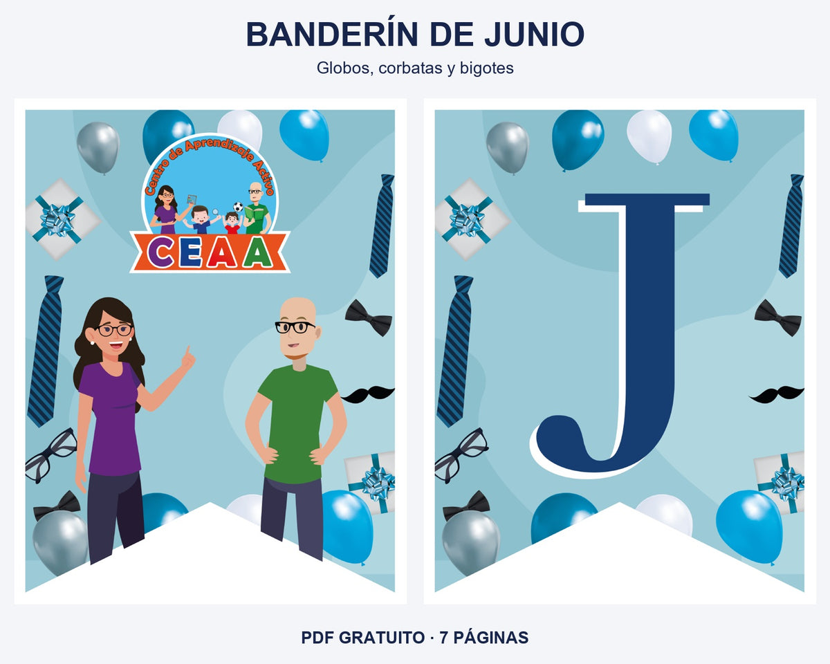Vista previa del banderín de junio, diseño globos, corbatas y bigotes: portada y primera letra del mes.