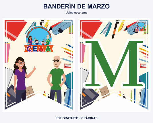 Vista previa del banderín de marzo, diseño útiles escolares: portada y primera letra del mes.