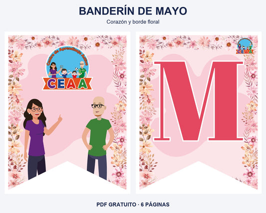Vista previa del banderín de mayo, diseño corazón y borde floral: portada y primera letra del mes.