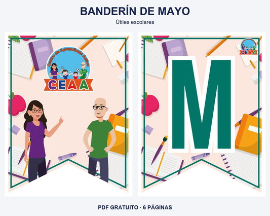 Vista previa del banderín de mayo, diseño útiles escolares: portada y primera letra del mes.