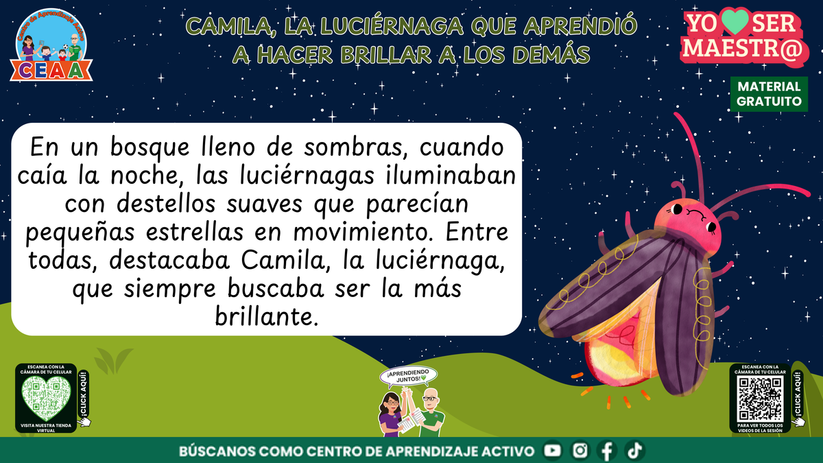 Camila destaca entre las luciérnagas que iluminan el bosque durante la noche.