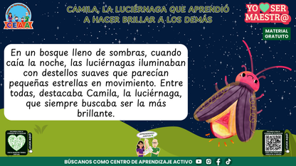 Camila destaca entre las luciérnagas que iluminan el bosque durante la noche.