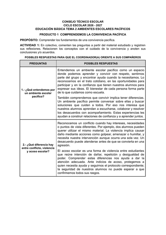 CTE 2026-2027 Educación Básica Tema 2: posibles respuestas sobre ambientes escolares pacíficos, conflicto, violencia y acoso.