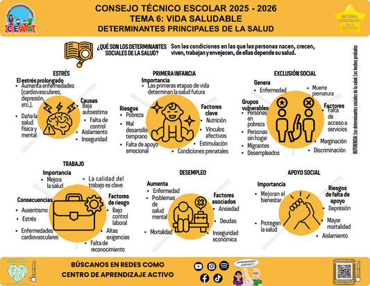Vista de la infografía «Determinantes principales de la salud», editable en PowerPoint, material recuperado del ciclo 2025-2026.
