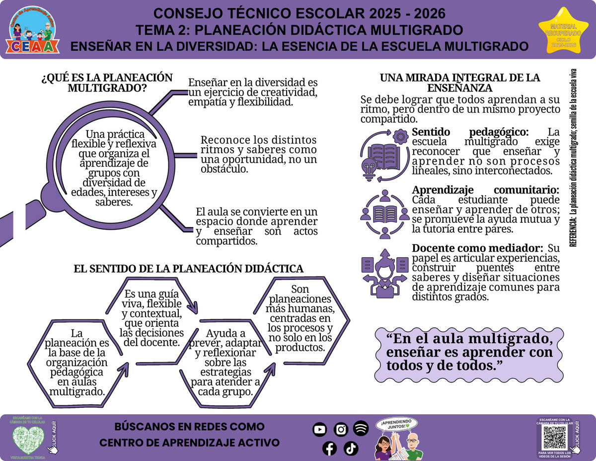 Vista de la infografía «Enseñar en la diversidad: la esencia de la escuela multigrado», editable en PowerPoint, material recuperado del ciclo 2025-2026.