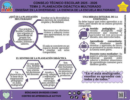 Vista de la infografía «Enseñar en la diversidad: la esencia de la escuela multigrado», editable en PowerPoint, material recuperado del ciclo 2025-2026.