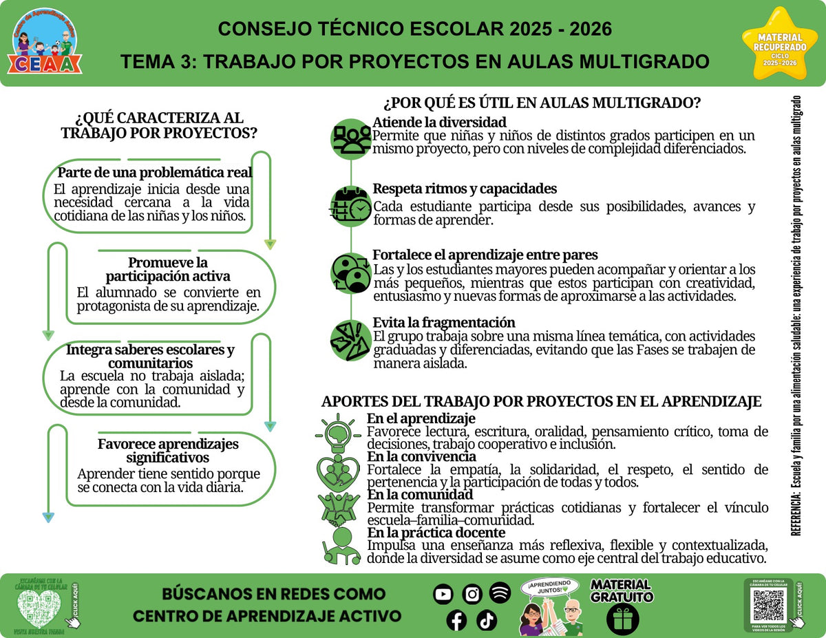 Vista de la infografía «Trabajo por proyectos en aulas multigrado», material recuperado del ciclo 2025-2026.