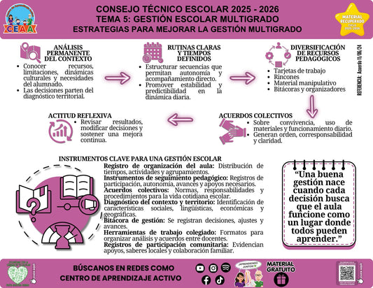 Vista de la infografía «Estrategias para mejorar la gestión multigrado», material recuperado del ciclo 2025-2026.