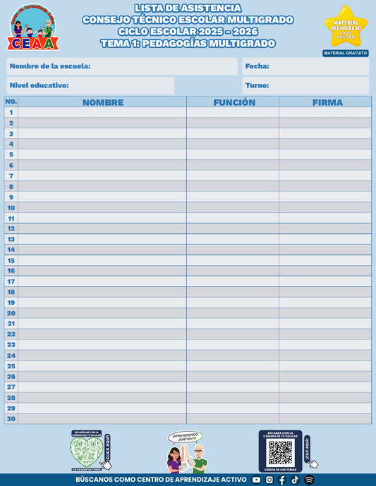 Lista de asistencia CTE gratuita: Pedagogías multigrado, tema 1 de multigrado. Material recuperado 25/26.