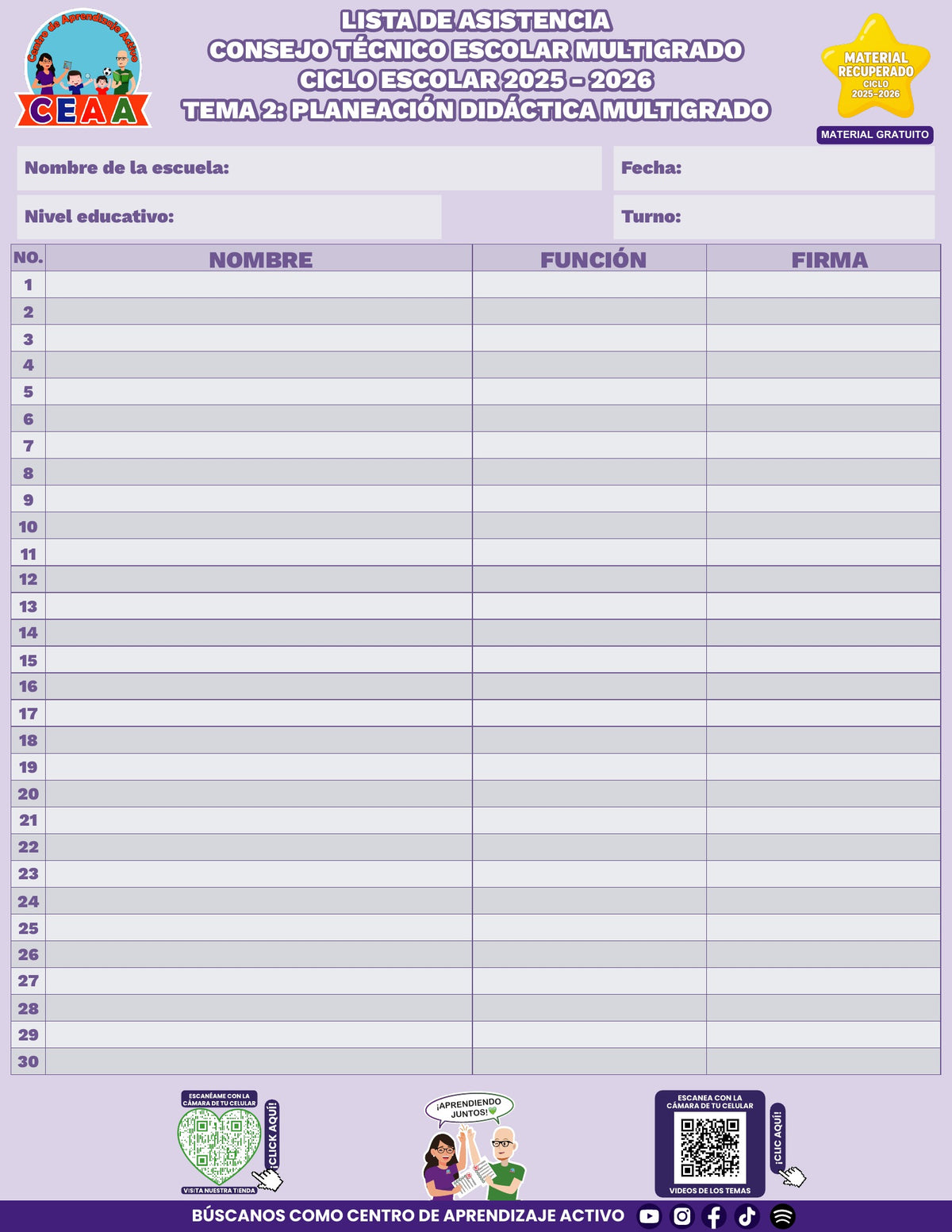 Lista de asistencia CTE gratuita: Planeación didáctica multigrado, tema 2 de multigrado. Material recuperado 25/26.