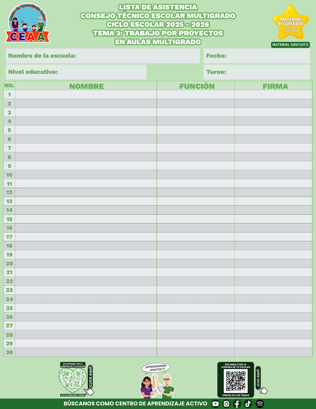 Lista de asistencia CTE gratuita: Trabajo por proyectos en aulas multigrado, tema 3 de multigrado. Material recuperado 25/26.