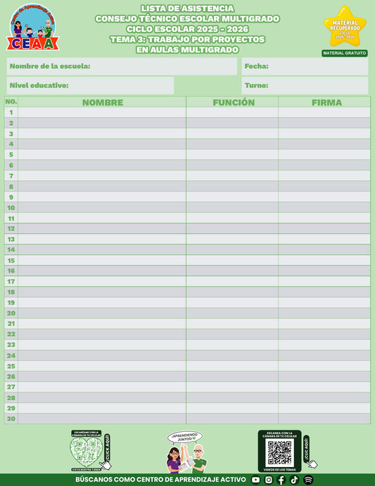 Lista de asistencia CTE gratuita: Trabajo por proyectos en aulas multigrado, tema 3 de multigrado. Material recuperado 25/26.