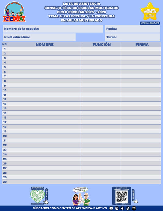 Lista de asistencia CTE gratuita: La lectura y la escritura en aulas multigrado, tema 4 de multigrado. Material recuperado 25/26.