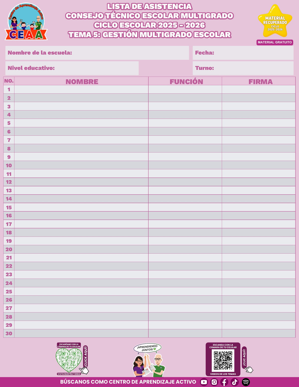 Lista de asistencia CTE gratuita: Gestión escolar multigrado, tema 5 de multigrado. Material recuperado 25/26.