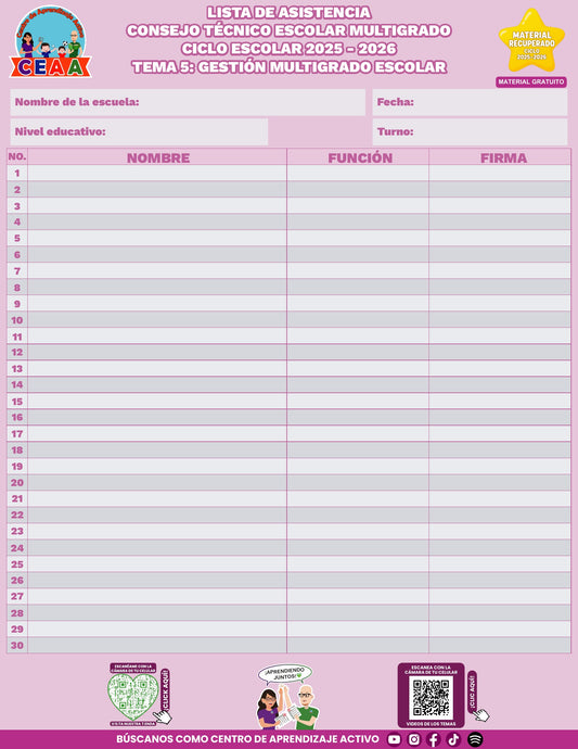 Lista de asistencia CTE gratuita: Gestión escolar multigrado, tema 5 de multigrado. Material recuperado 25/26.