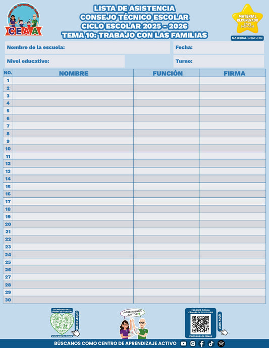 Lista de asistencia CTE gratuita: Trabajo con las familias, tema 10. Material recuperado 25/26.