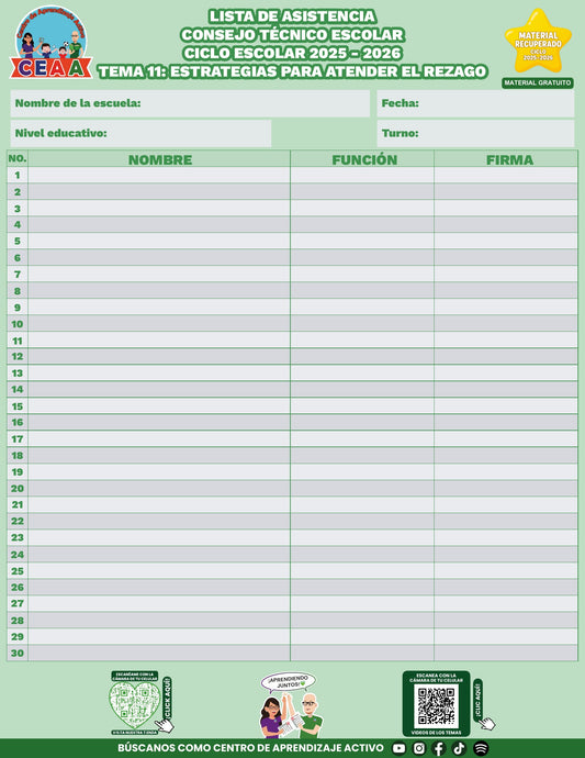 Lista de asistencia CTE gratuita: Estrategias para atender el rezago, tema 11. Material recuperado 25/26.