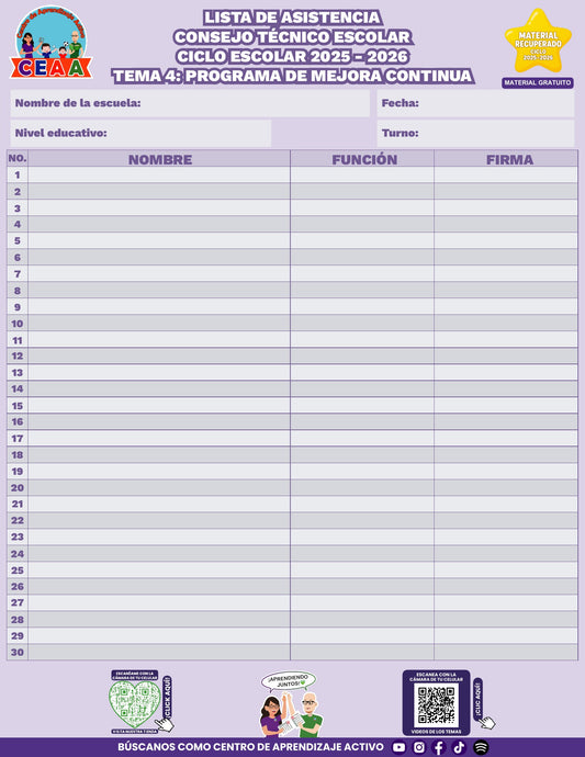 Lista de asistencia CTE gratuita: Programa de mejora continua, tema 4. Material recuperado 25/26.
