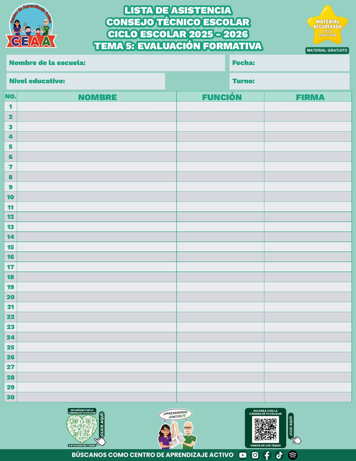 Lista de asistencia CTE gratuita: Evaluación formativa, tema 5. Material recuperado 25/26.