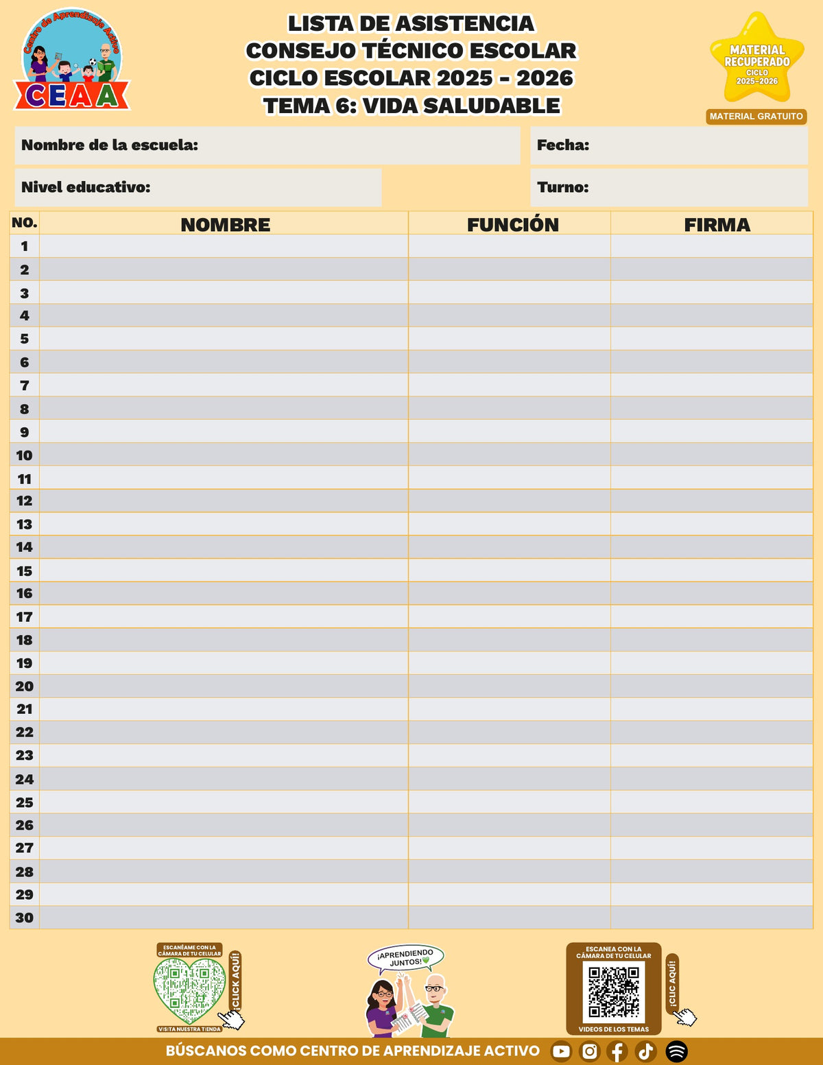 Lista de asistencia CTE gratuita: Vida saludable, tema 6. Material recuperado 25/26.