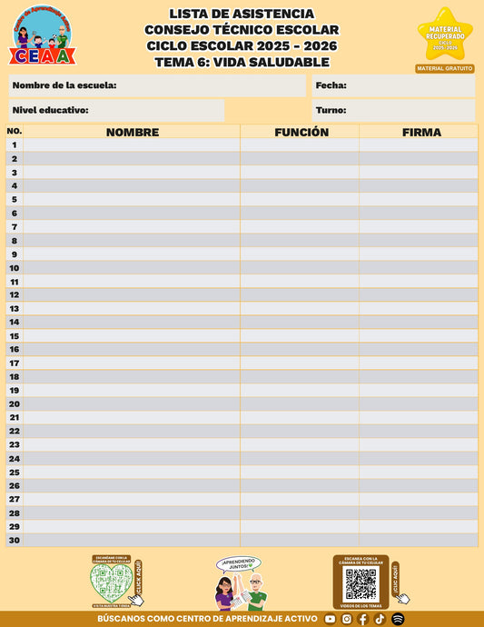 Lista de asistencia CTE gratuita: Vida saludable, tema 6. Material recuperado 25/26.