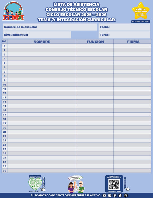 Lista de asistencia CTE gratuita: Integración curricular, tema 7. Material recuperado 25/26.