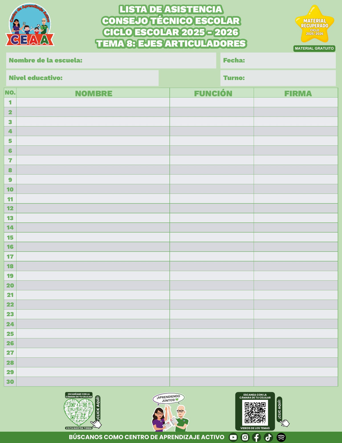Lista de asistencia CTE gratuita: Ejes articuladores, tema 8. Material recuperado 25/26.