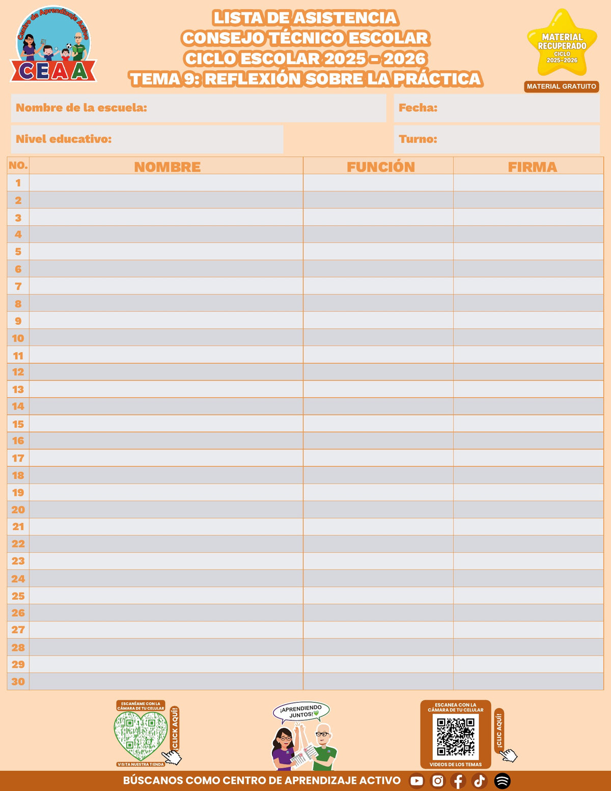 Lista de asistencia CTE gratuita: Reflexión sobre la práctica, tema 9. Material recuperado 25/26.