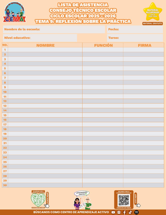 Lista de asistencia CTE gratuita: Reflexión sobre la práctica, tema 9. Material recuperado 25/26.