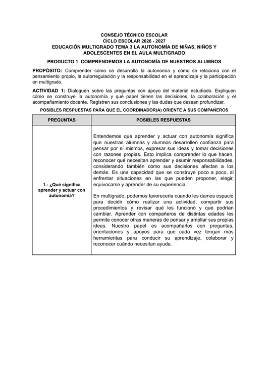 Producto 1 contestado del Tema 3 Multigrado: autonomía de niñas, niños y adolescentes, pensamiento propio y decisiones con razones.