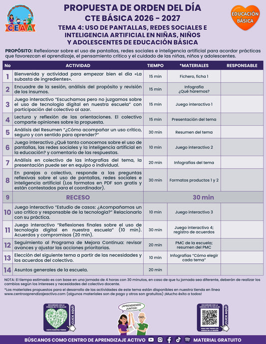 Vista previa de la propuesta de orden del día CTE 2026-2027 en PDF gratuito: Pantallas, redes sociales e inteligencia artificial, Básica, tema 4.