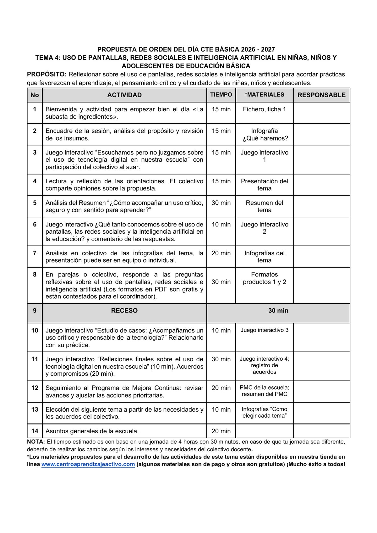 Vista previa de la propuesta de orden del día CTE 2026-2027 en Word editable: Pantallas, redes sociales e inteligencia artificial, Básica, tema 4.