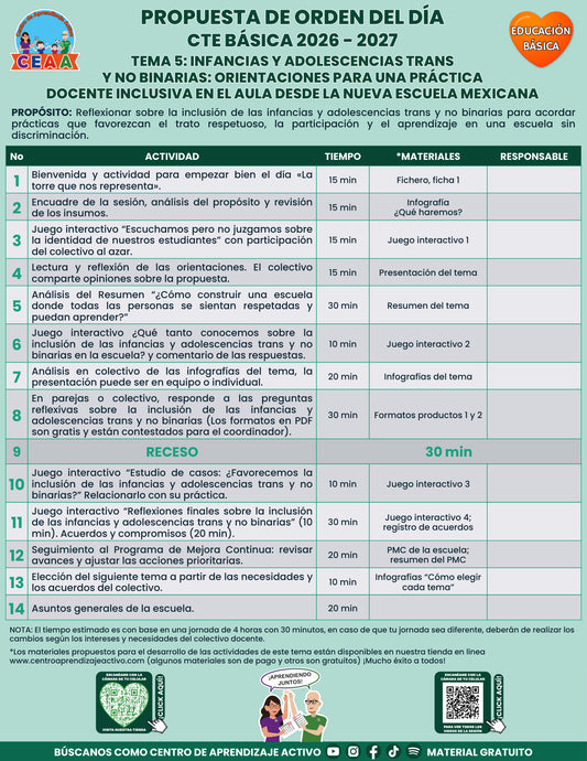Vista previa de la propuesta de orden del día CTE 2026-2027 en PDF gratuito: Infancias y adolescencias trans y no binarias, Básica, tema 5.