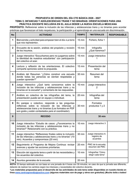 Vista previa de la propuesta de orden del día CTE 2026-2027 en Word editable: Infancias y adolescencias trans y no binarias, Básica, tema 5.