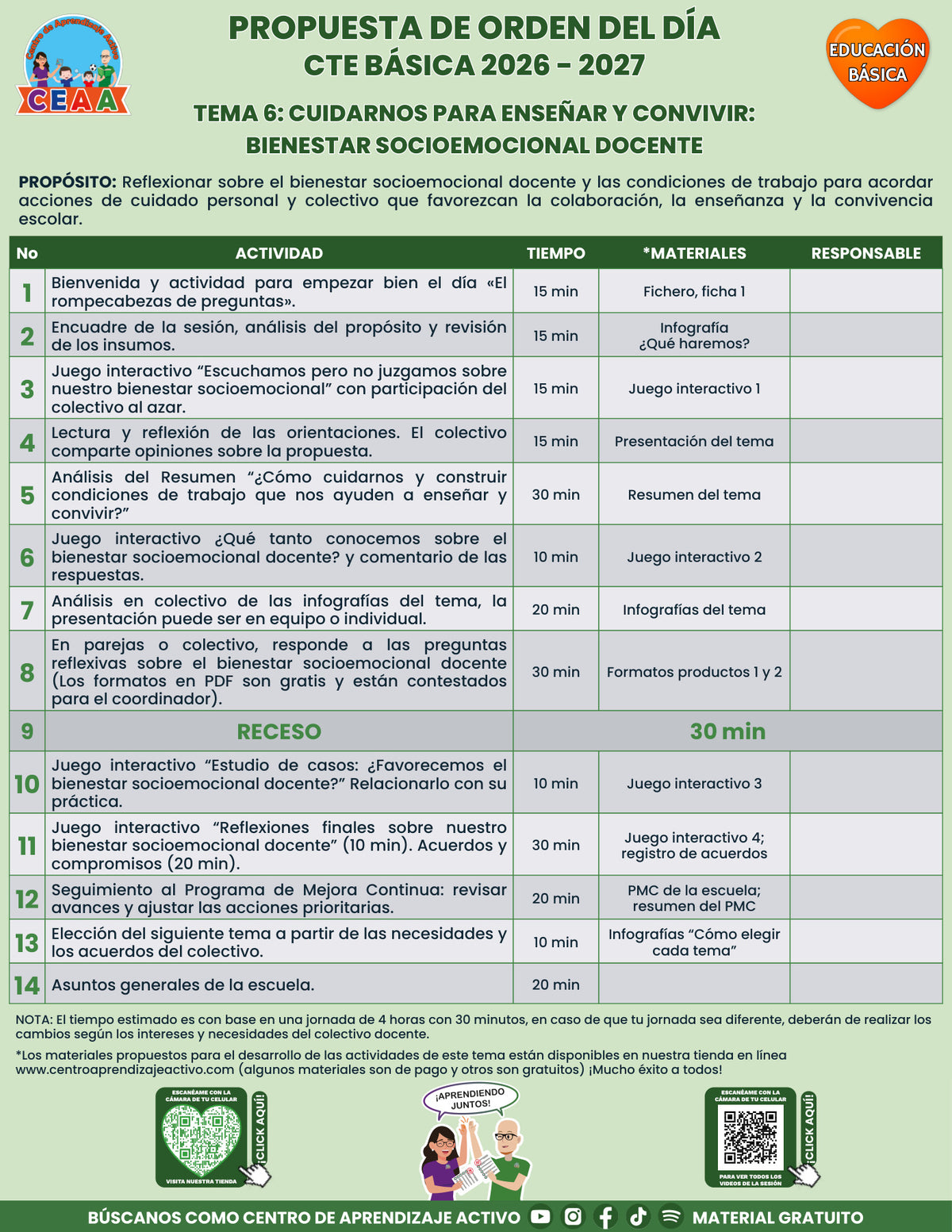 Vista previa de la propuesta de orden del día CTE 2026-2027 en PDF gratuito: Bienestar socioemocional docente, Básica, tema 6.