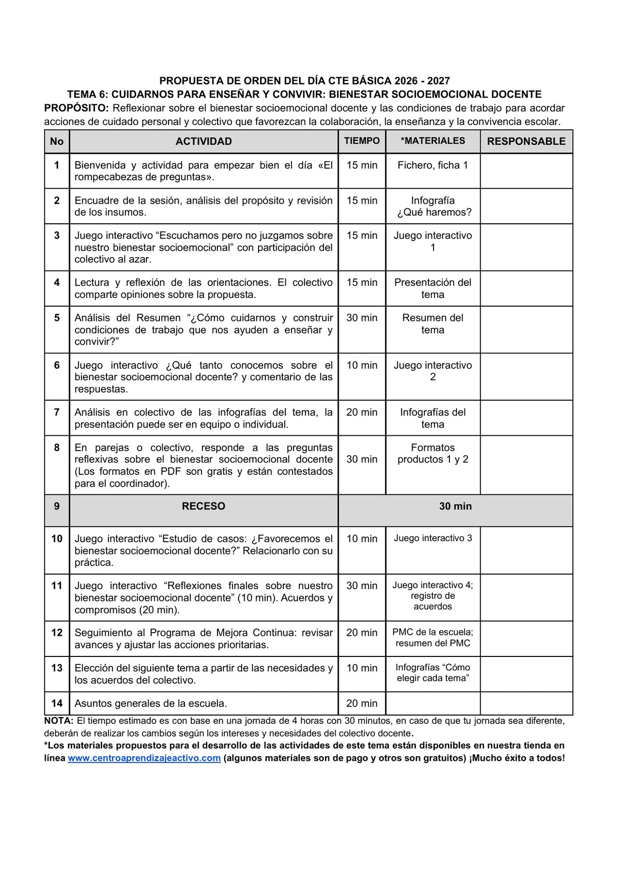 Vista previa de la propuesta de orden del día CTE 2026-2027 en Word editable: Bienestar socioemocional docente, Básica, tema 6.