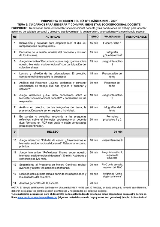 Vista previa de la propuesta de orden del día CTE 2026-2027 en Word editable: Bienestar socioemocional docente, Básica, tema 6.