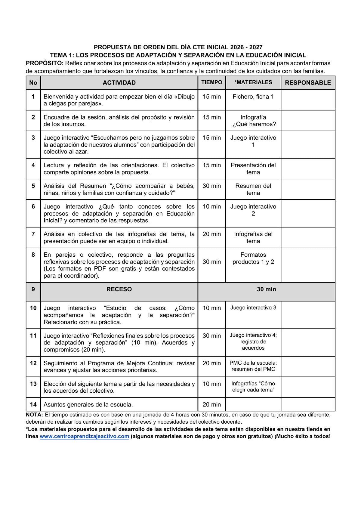 Vista previa de la propuesta de orden del día CTE 2026-2027 en Word editable: Adaptación y separación, Inicial, tema 1.