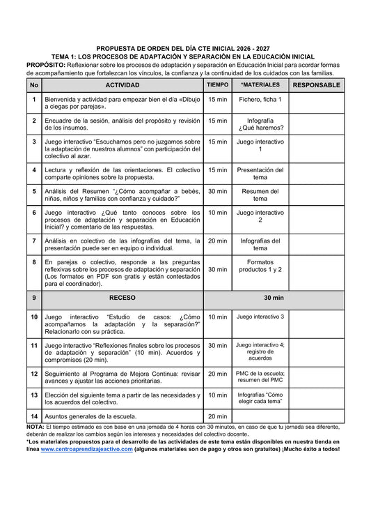 Vista previa de la propuesta de orden del día CTE 2026-2027 en Word editable: Adaptación y separación, Inicial, tema 1.