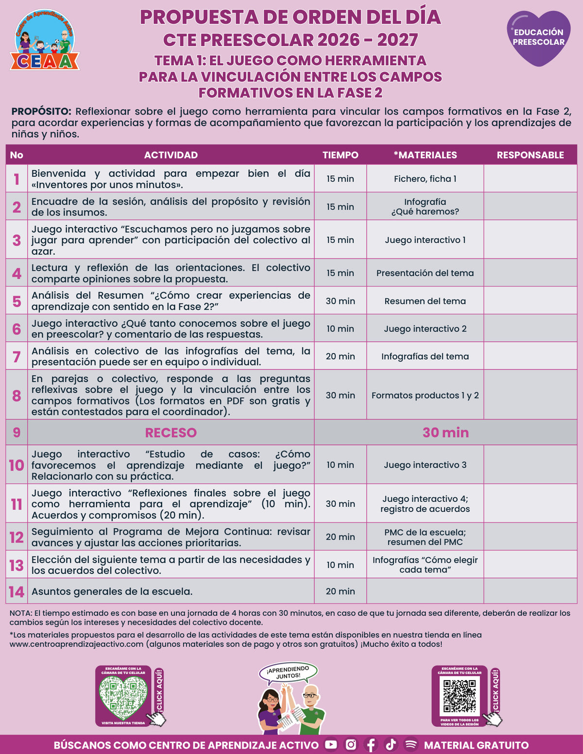 Vista previa de la propuesta de orden del día CTE 2026-2027 en PDF gratuito: Juego y campos formativos, Preescolar, tema 1.
