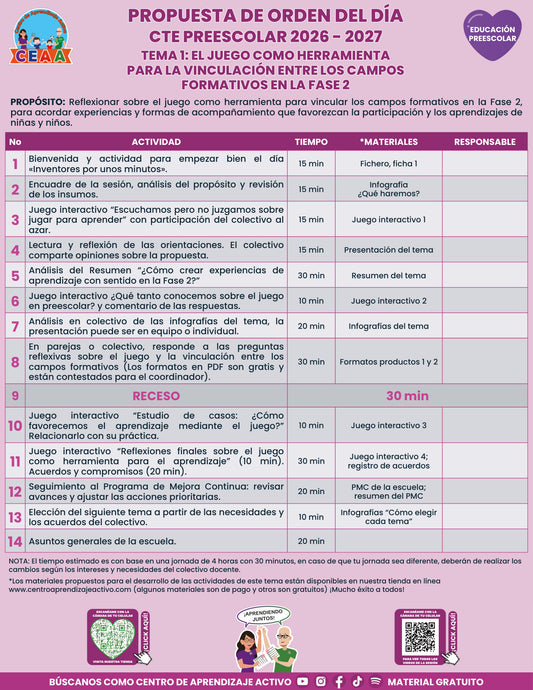 Vista previa de la propuesta de orden del día CTE 2026-2027 en PDF gratuito: Juego y campos formativos, Preescolar, tema 1.