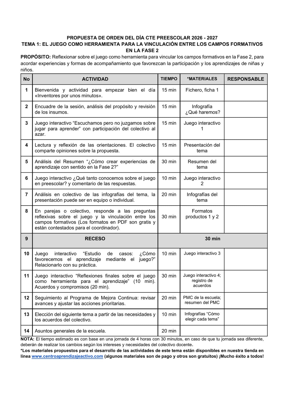 Vista previa de la propuesta de orden del día CTE 2026-2027 en Word editable: Juego y campos formativos, Preescolar, tema 1.