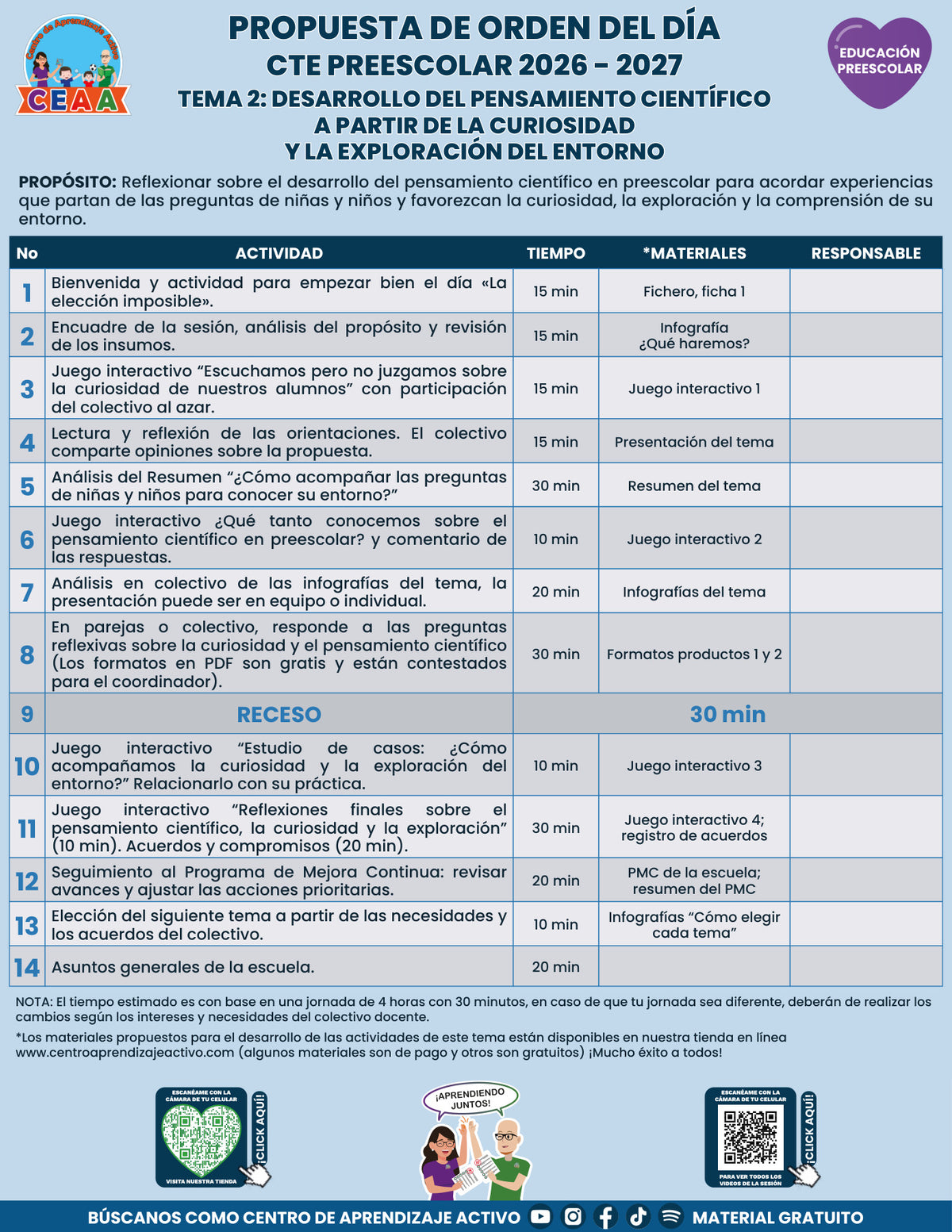 Vista previa de la propuesta de orden del día CTE 2026-2027 en PDF gratuito: Curiosidad y pensamiento científico, Preescolar, tema 2.