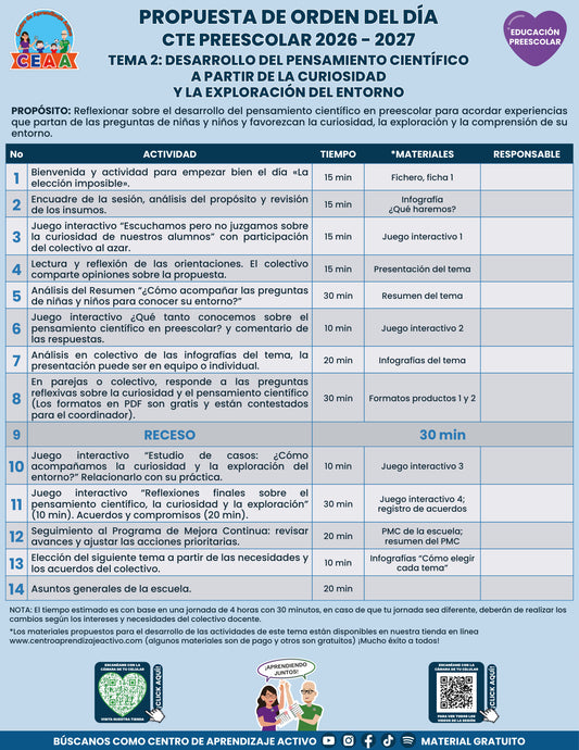 Vista previa de la propuesta de orden del día CTE 2026-2027 en PDF gratuito: Curiosidad y pensamiento científico, Preescolar, tema 2.