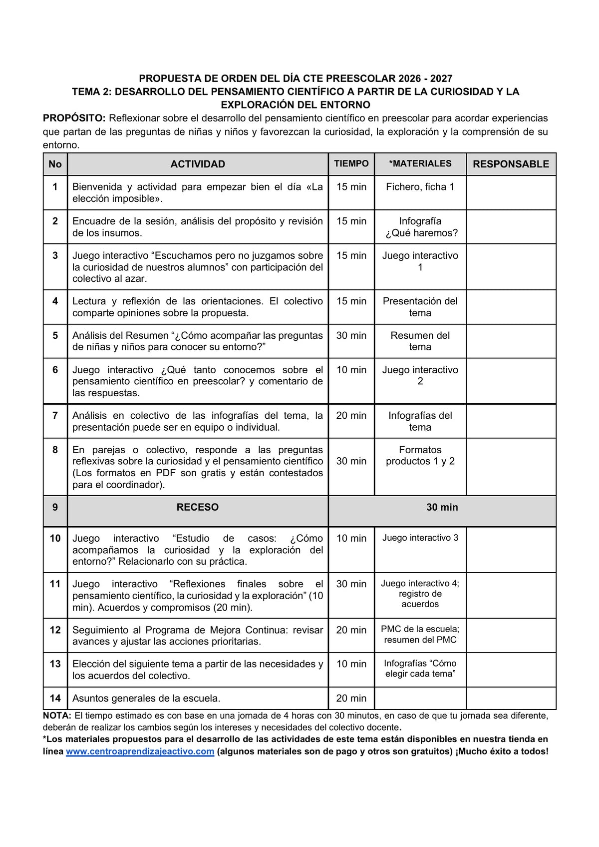 Vista previa de la propuesta de orden del día CTE 2026-2027 en Word editable: Curiosidad y pensamiento científico, Preescolar, tema 2.