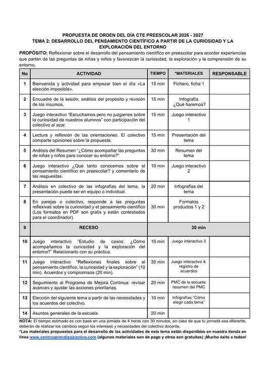 Vista previa de la propuesta de orden del día CTE 2026-2027 en Word editable: Curiosidad y pensamiento científico, Preescolar, tema 2.