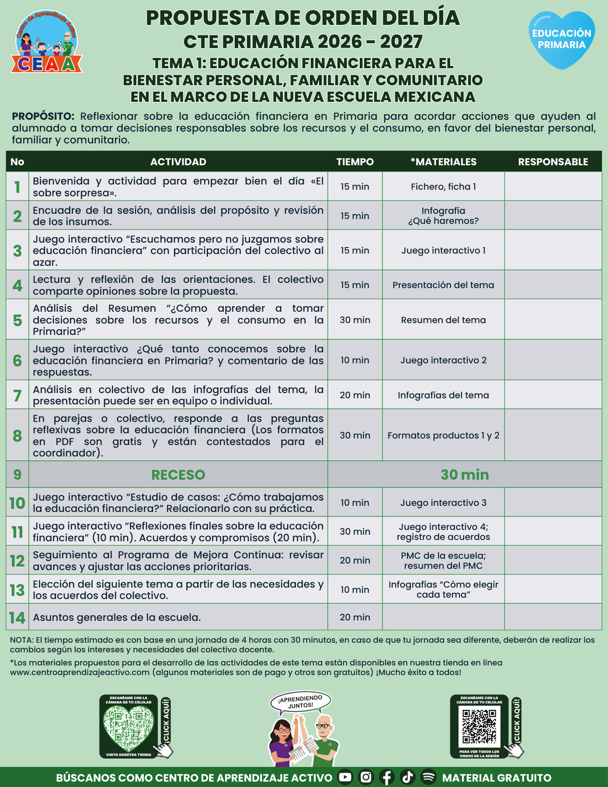 Vista previa de la propuesta de orden del día CTE 2026-2027 en PDF gratuito: Educación financiera, Primaria, tema 1.