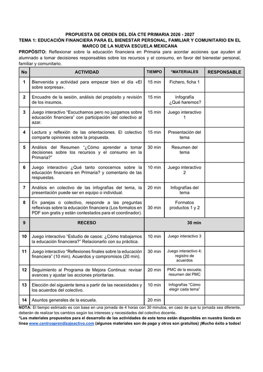 Vista previa de la propuesta de orden del día CTE 2026-2027 en Word editable: Educación financiera, Primaria, tema 1.